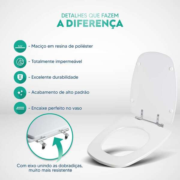 Assento Sanitário Poliéster Monte Carlo Branco Para Vaso Deca - Imagem 3