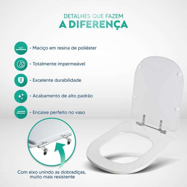 Assento Sanitário Poliéster Vogue Plus Branco Para Vaso Deca 1.6gpf 6lpf - Imagem 3