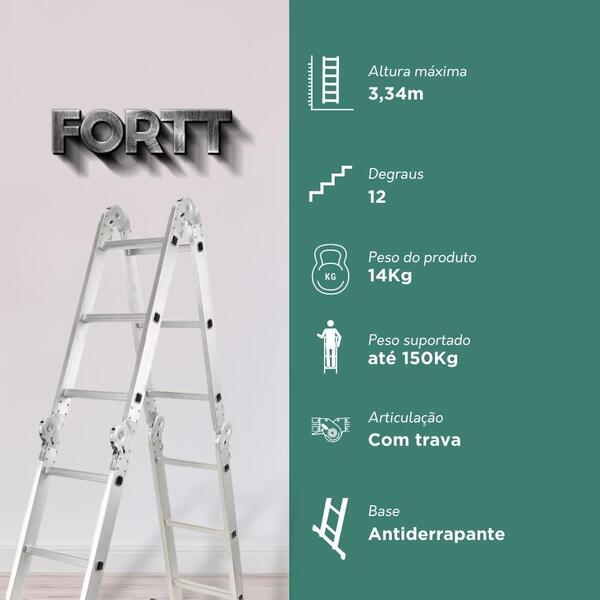 Escada Articulada Multifuncional 4x3 Alumínio Fortt 12 Degraus 3.34m - Eam4x3 - Imagem 8