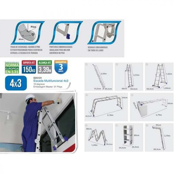 Escada De Alumínio Mor Multifuncional 4x3 12 Degraus Capacidade Para 150kg - Imagem 2