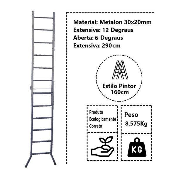 Escada Extensiva 3 Em 1 Metalon 30x20mm 6 E 12 Degraus 160cm - Imagem 4