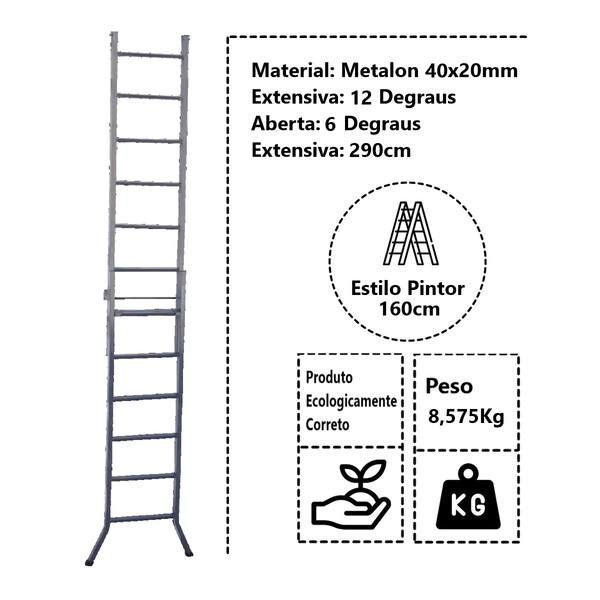 Escada Extensiva 3 Em 1 Metalon 40x20mm 6 E 12 Degraus 160cm - Imagem 4
