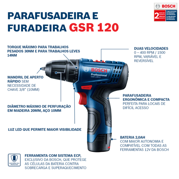 Furadeira e Parafusadeira a Bateria Bosch com Carregador e Bateria 12V 3/8" GSR 120-Li - Imagem 9