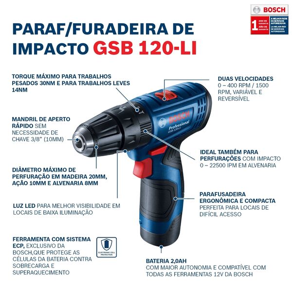 Furadeira e Parafusadeira de Impacto a Bateria Bosch com Bateria 12V 3/8" GSB 120-Li - Imagem 7