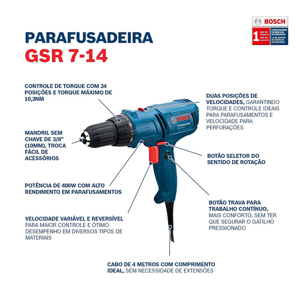 Furadeira e Parafusadeira Bosch 400W 3/8" GSR 7-14 E 127V - Imagem 9