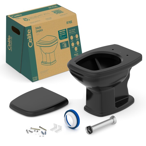 Kit Vaso Sanitário Convencional com Assento Preto Saída Vertical Fit Plus Celite - Imagem 4