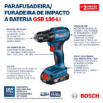Furadeira e Parafusadeira de Impacto Bosch Brushless 2 Bateria 18V 1/2" GSB 185-LI 2B - Imagem 8