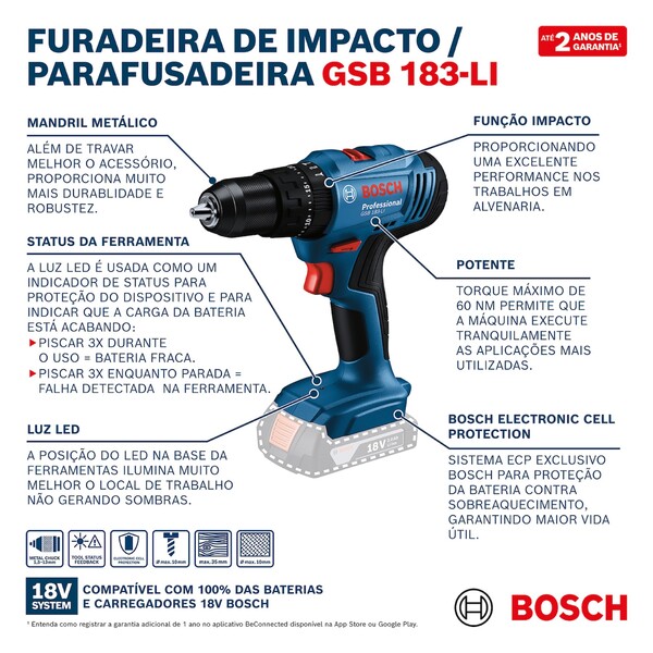 Furadeira e Parafusadeira Bosch com Impacto a Bateria com Carregador e Maleta 18V GSB 183-LI - Imagem 10