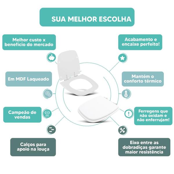Tampa Vaso Sanitário Madeira Laqueada Fit Branco Para Bacia Celite - Imagem 4