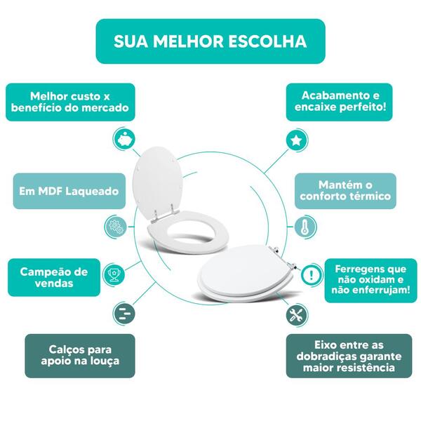 Tampa Vaso Sanitário Madeira Laqueada Oval Convencional Branco Para Bacia Celite - Imagem 4