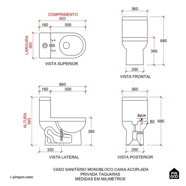 Vaso Sanitário Monobloco Caixa Acoplada Privada Taquaras Pingoo.casa - Branco - Imagem 10