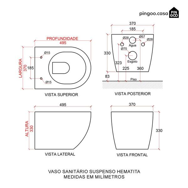 Vaso Sanitário Suspenso Saída Horizontal Hematita Pingoo.casa - Branco - Imagem 10